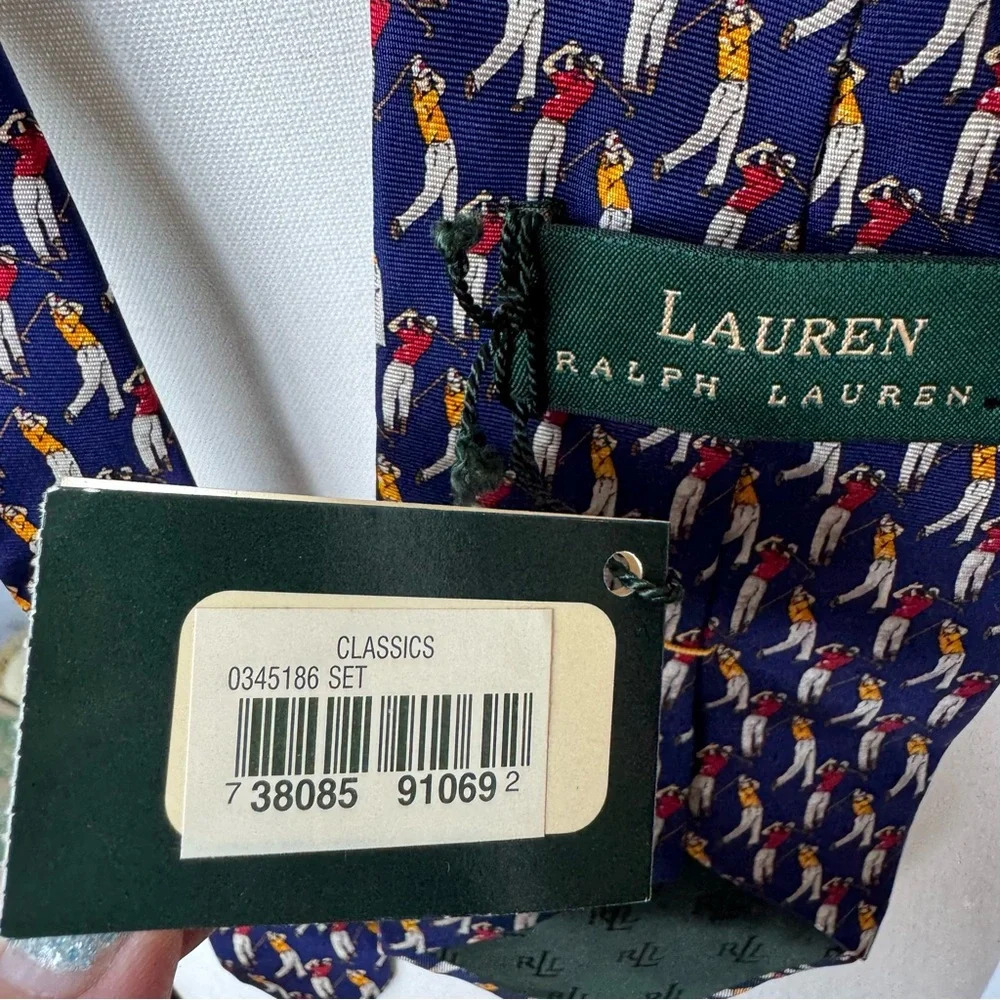 Lauren Ralph‎ Lauren Deadstock NWT Men's Silk Golf Tie Blue Red Yellow - Picture 4 of 8